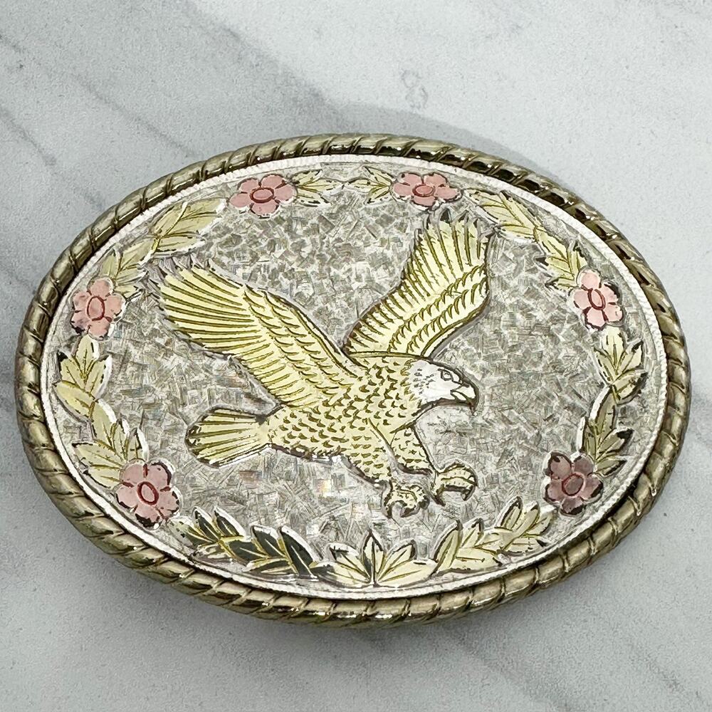 Vintage Floral Eagle Belt Buckle Two Tone Made in USA ✨